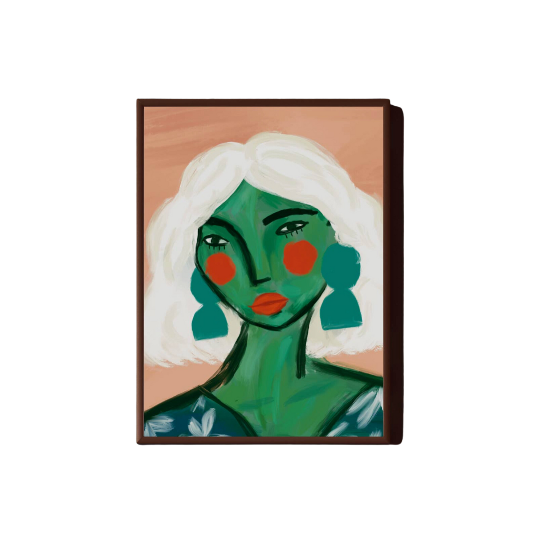 picture of lady with green skin, blue earrings, white hair and red lips