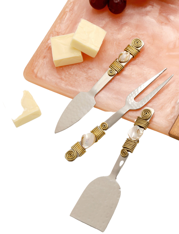 three piece cheese knife set with mother of pearl details