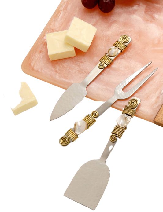 three piece cheese knife set with mother of pearl details