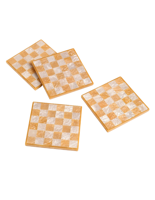 set of 4 orange and white checkered resin coasters